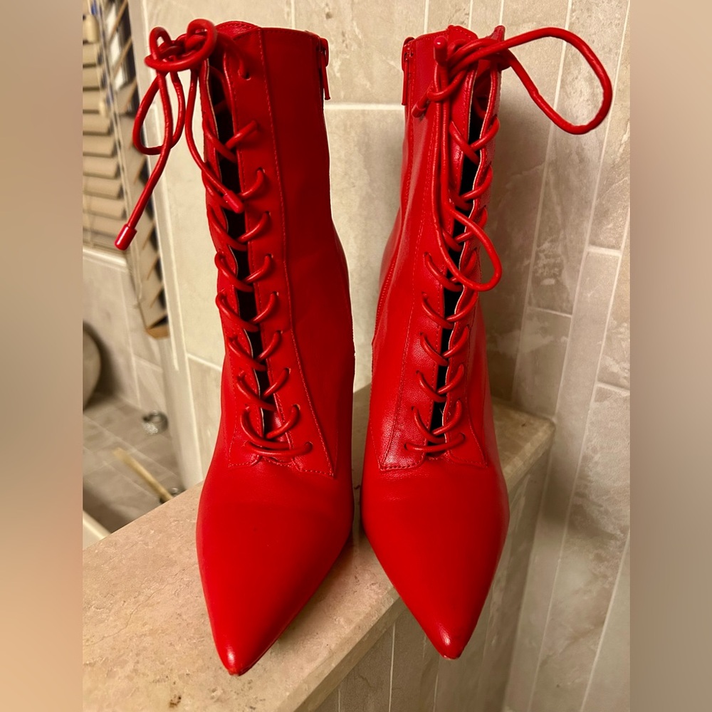 Aldo Red Lace-Up Ankle Boots - Picture 4 of 9